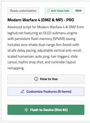 Modern Warfare 4 script card with the full Flash to Device button